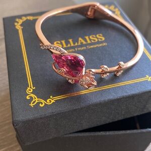 Sllaiss Rose Gold Plated Pink Crystal Cuff Bangle Bracelet with Austria Crystals